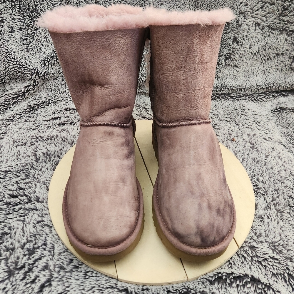 UGG Bailey Bow II Purple/Shadow Leather Sheepskin Boots Women's Size 7 - Picture 3 of 9